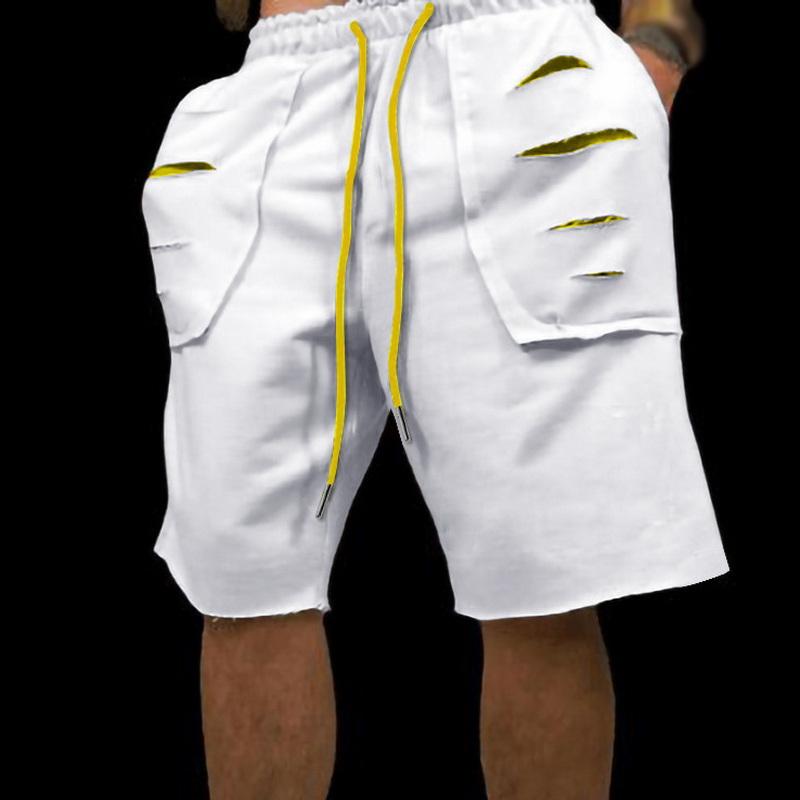 

Men's Shorts Casual Loose Ripped Five-point Drawstring Gyms Workout Short Pants Summer Running Knee Length Sweatpants, White-yellow
