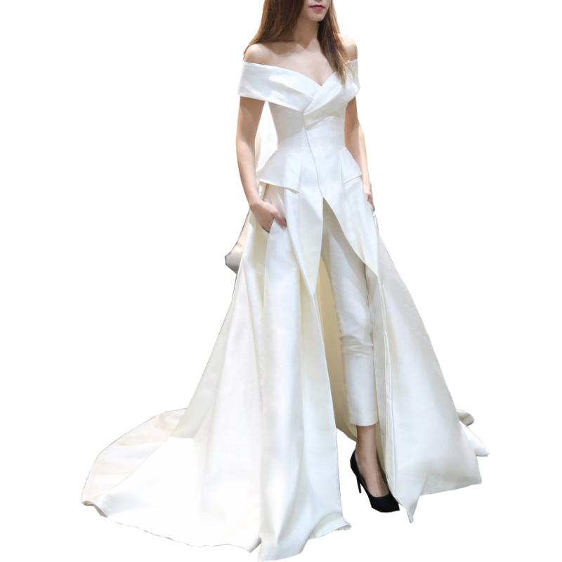 

Party Dresses Matte Stain Prom Jumpsuit With Train 2021 Off Shoulder Pocket Design Plus Size Arabic Dubai Occasion Evening Pant Suit Set, Beige