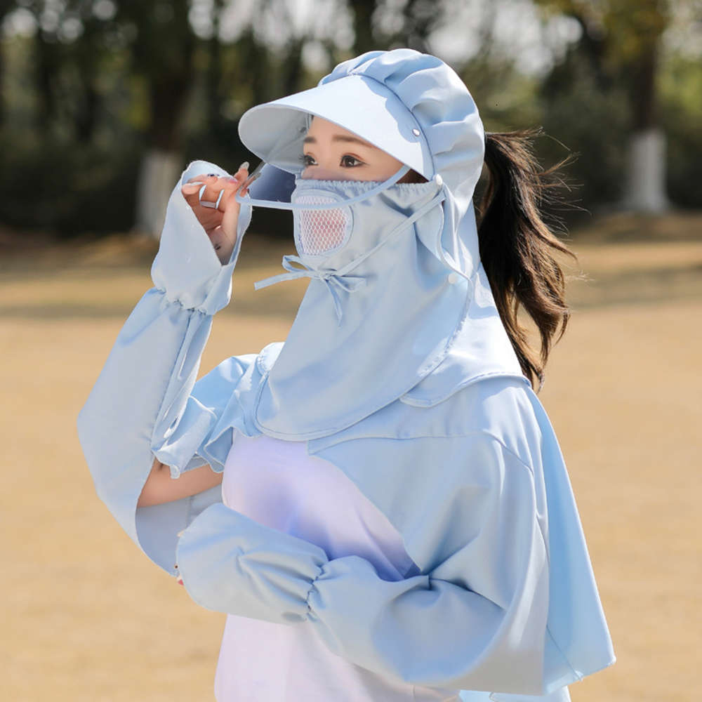 

Sun hat Sunscreen face covered summer shawl with Goggles UV protection Women's outdoor cycling pure color tea collecting Hat, Blue;gray