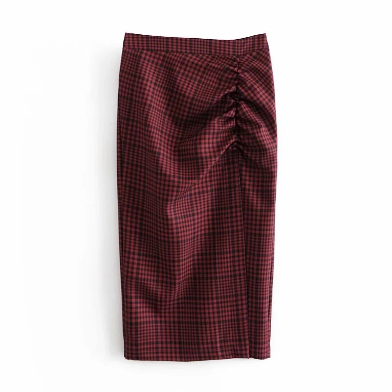 

Summer Women Elegant Sexy Folds Side Slit Midi Skirt Female Retro Fashion Check Back Zip Skirt 210520, As picture