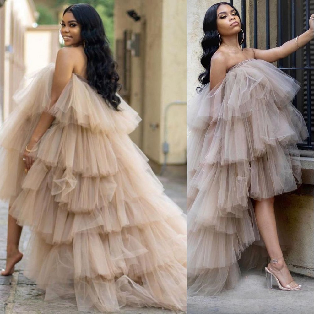 2021 Champagne Sexy Ruffles Tulle Kimono Women Evening Dresses Wear Robe for Photoshoot Puffy Strapless High Low Prom Gowns African Maternity Dress