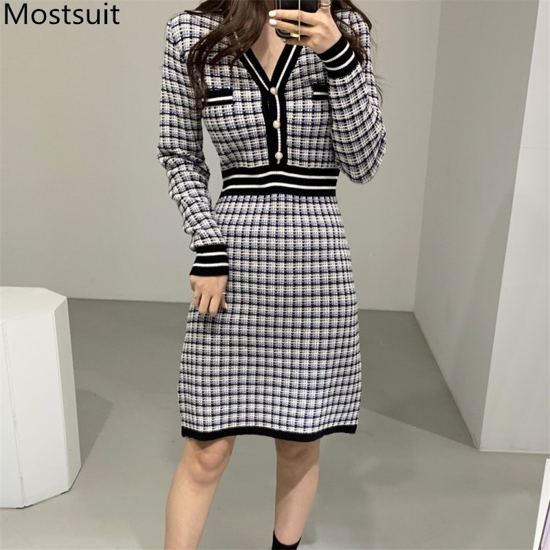 

Autumn Vintage Elegant Korean Knitted Plaid Dress Women Color-blocked V-neck Long Sleeve Dresses Fashion Ladies Vestidos 210518, Blue