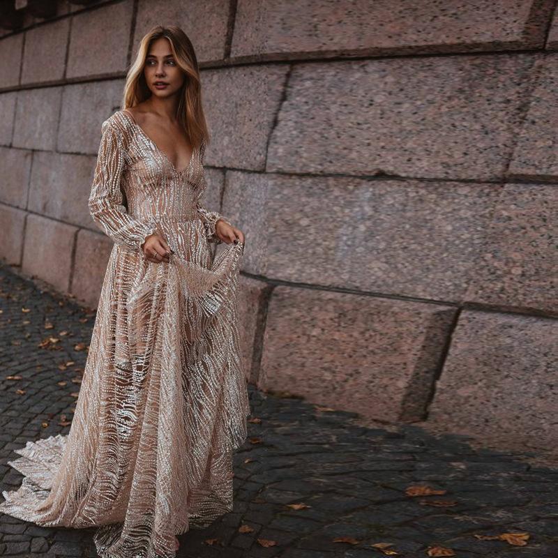 

2019 new women' sexy deep V sleeve dress slim long skirt, Silver