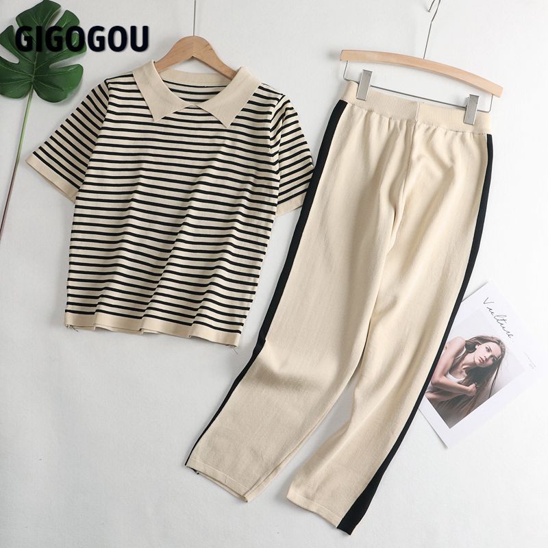 

gigogou women knitted tracksuits 2 pieces sets spring summer short sleeve women t shirt + high waist capris pencil pants suits, Black