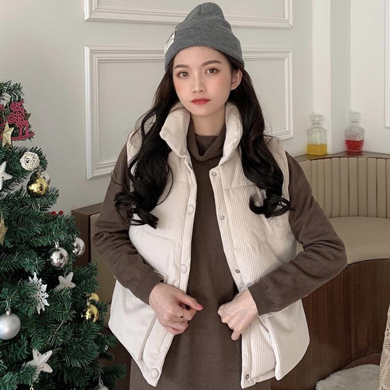 

Women' Vests Winter Fashion Design Corduroy Thicken Waistcoat Women Sleeveless Solid Black Tanks Korean Lady Vest Street Wear Coats 2021, Beige