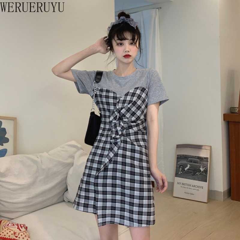 

WERUERUYU Summer Fake Two Piece Dress Women Plus Size Spliced Striped T Shirt Dress Women Short Sleeves Loose O-neck 210608, Photo color