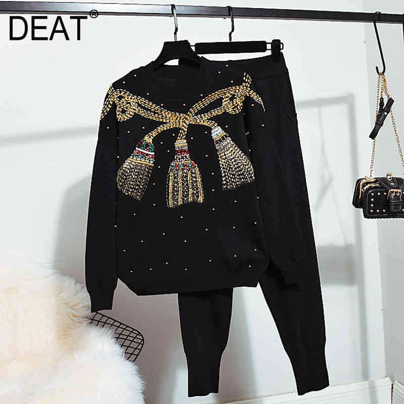

Women Pencil Long Pants Knitted Personality Beading Two Piece Set Temperament Fashion Spring Autumn 11D423 210525, Black