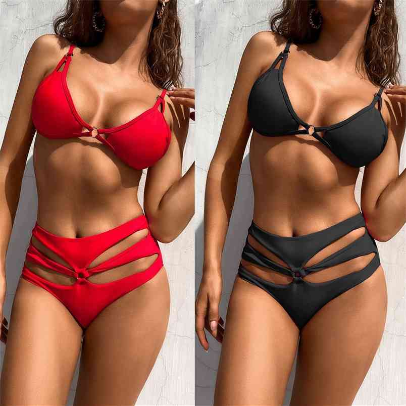 

Hollow Out Sexy Metal Ring Sling Swimsuit Women 2 Pieces Mid Waist Brazilian Bikini Lace-up Red for Woman Halter 210604