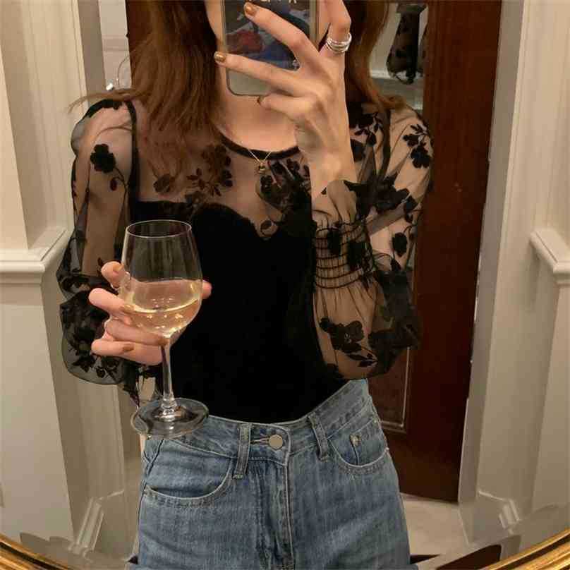 

Black Mesh Sexy Basic Slim Florals Femme Basewear Office Lady Retro Vintage All Match Streetwear Blouses 210525, Photo color