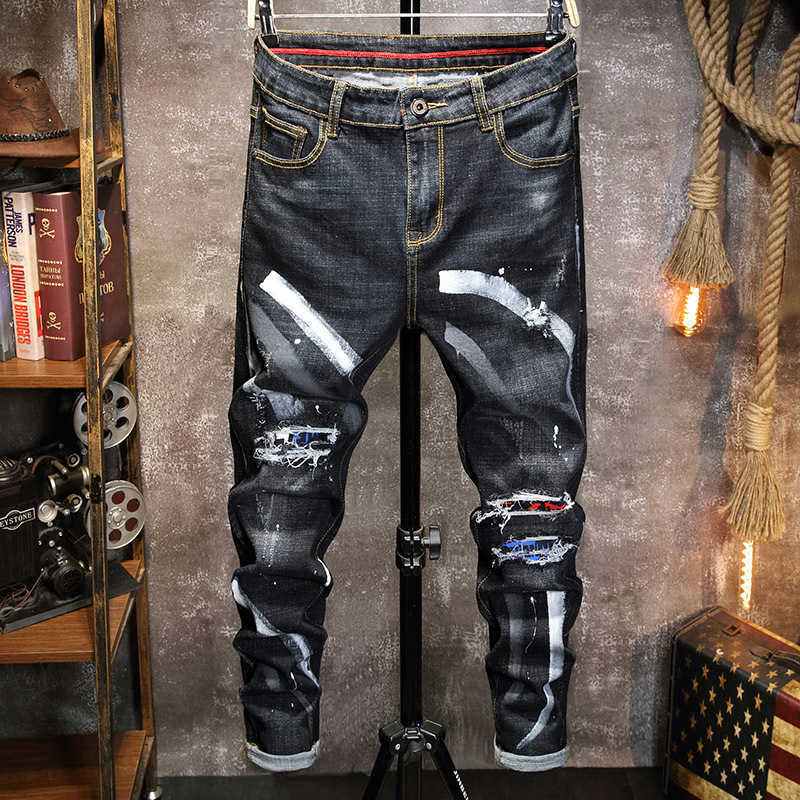 

Personalized Printing Fashion Brand Pants Hole Patch Casual Jeans Men's, Blue