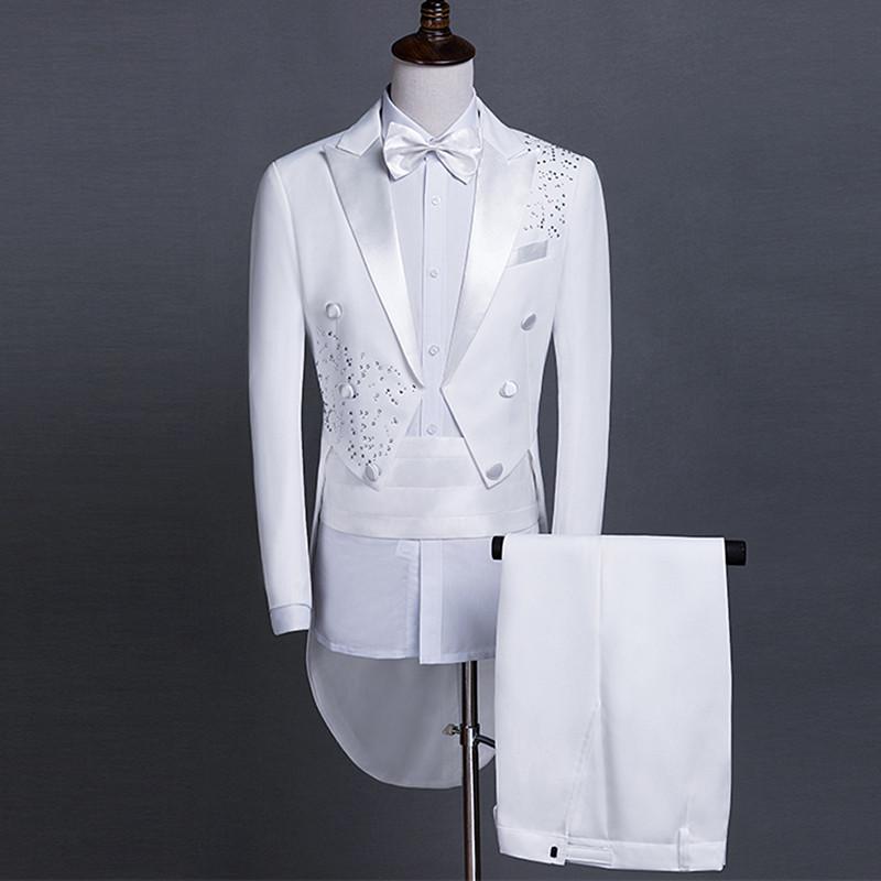 

Men' Suits & Blazers Sparkly Rhinestones White Suit Formal Magician Swallowtail Performance Costumes Host Stage Outfit Singer Chorus