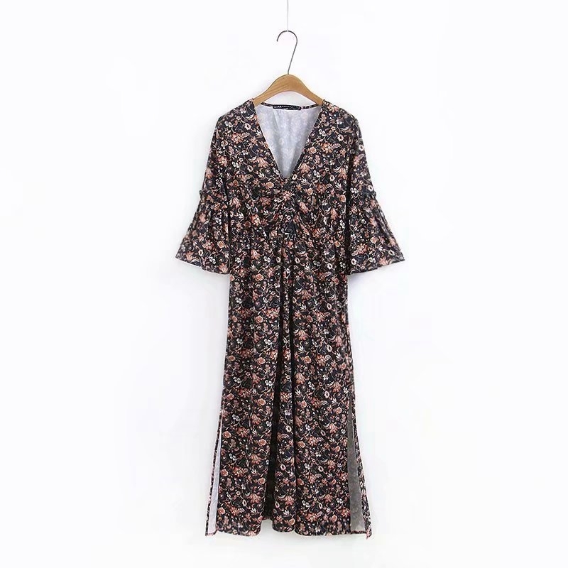 

Summer Flare Sleeve Floral Dress V neck Vintage Print Vacation Beach Casual Party Split Elegant Womans XZ2583 210603, Black
