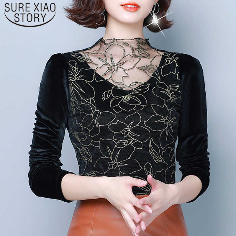 

Fashion Autumn Winter Long Sleeve Mesh Lace Sexy Solid Shirts Women Splicing Floral Turtleneck Women Blouses 7693 50 210527, Photo
