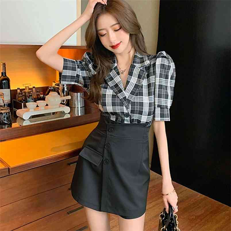 

Women Summer Vintage Two-Piece Set Office OL Plaid Notched Puff Sleeve Shirt Top + High Waist Irregular Mini Skirts Female 210519, Black