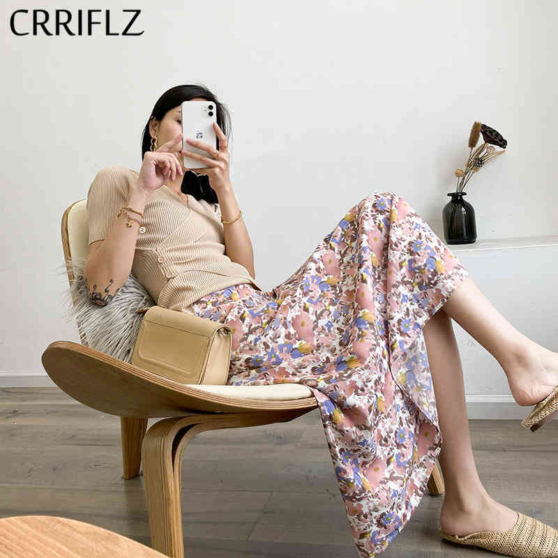 

Summer Print Skirt Women Chiffon A-line Casual Midi CRRIFLZ 210520, Pink
