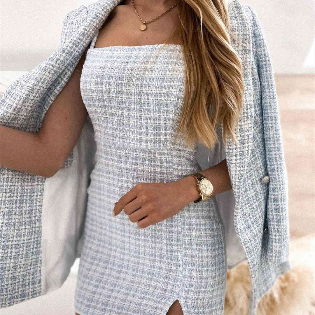 

Elegant Tweed Spaghetti Strap Bodycon Women Mini Dress Summer Solid High Waist Chic All-match Office Lady Femme Vestido 210521, Light blue