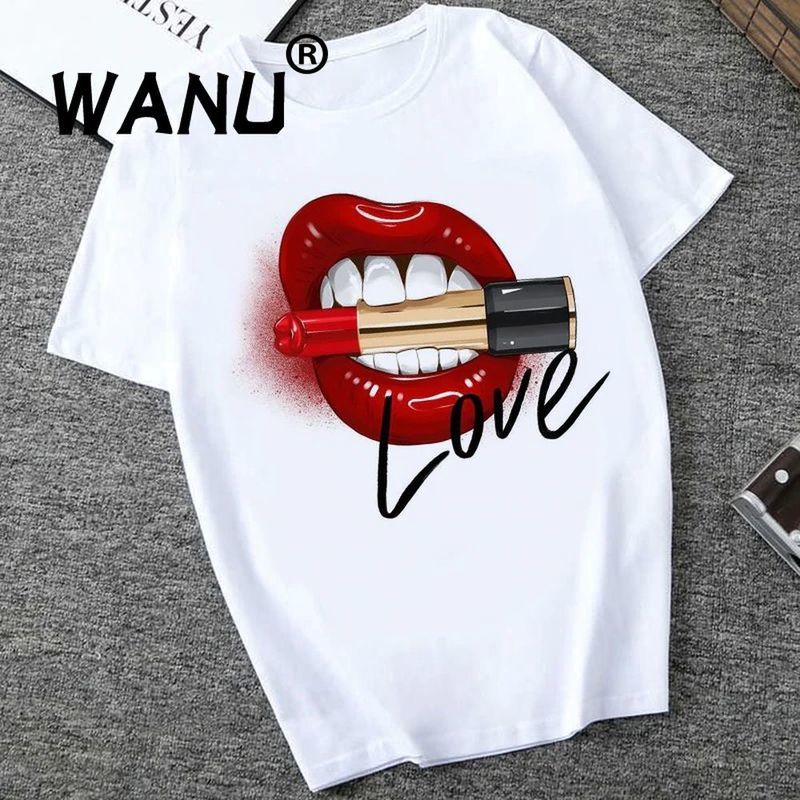 

2021 top red lips love printing bottom o-neck short sleeve T-shirt women's versatile white funny girl's shirt