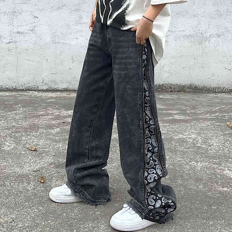 

Side Zipper Cashew Print Washed Casual Jeans Pants Mens and Womens Hip Hop Retro Oversize Straight Denim Trousers, Black