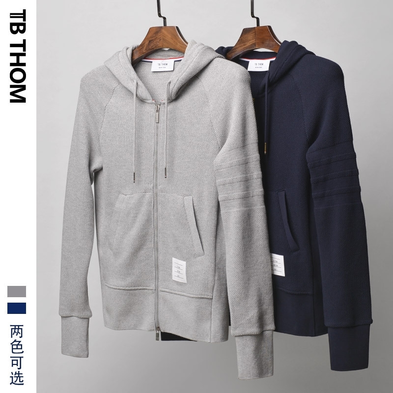 

Honeycomb mesh fabric hooded men's sweater zipper cardigan trend coat strength TB Thom, Light gray