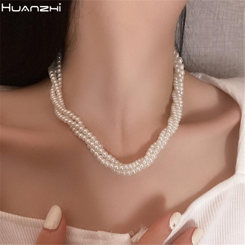 

Chokers HUANZHI 2021 Trendy Multi-layer Pearl Entangled Clavicle Necklace Metal Geometry Choker Chain For Women Girls Party Jewelry