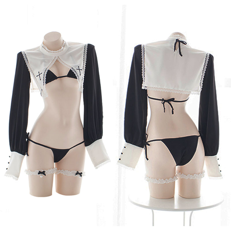 

Lolita Sexy Sleepwear Nun Uniform Underwear Hollow Out Long Sleeve Lace Tops Bikini Set Cosplay Maid Costumes Dropshipping, Red