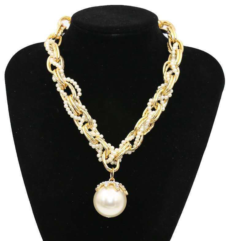 

South Korea hemp big pearl inlaid diamond exaggerated locket Necklace short sweater chain accessories clavicle chain pendant female, Silver