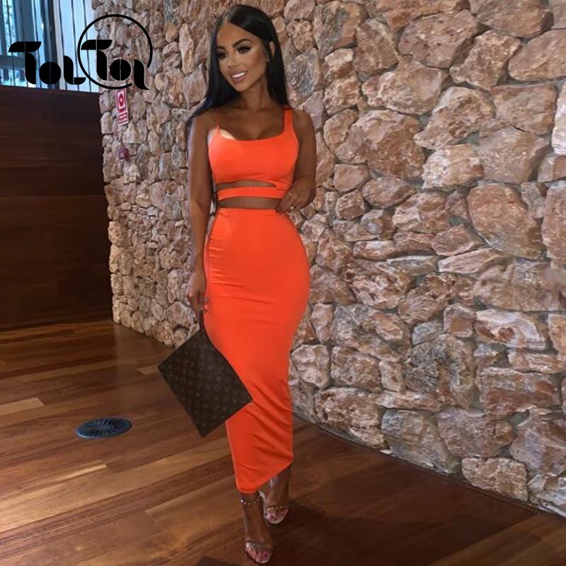 

Casual Dresses Double Layers Summer Two Piece Dress Women Hollow Out Long Maxi Matching Sets Party Club 2 Outfits, Orange