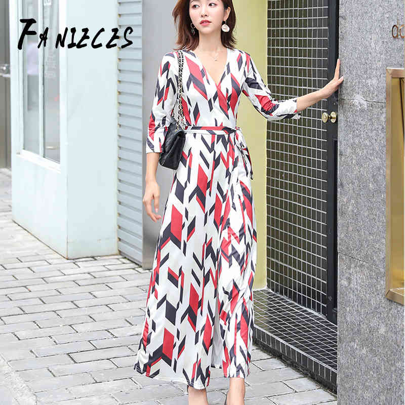 

Elegant v neck bohemian print dress Asymmetrical wrap long summer autumn boho Sheath dresses Sexy maxi vestido de festa 210520, Red