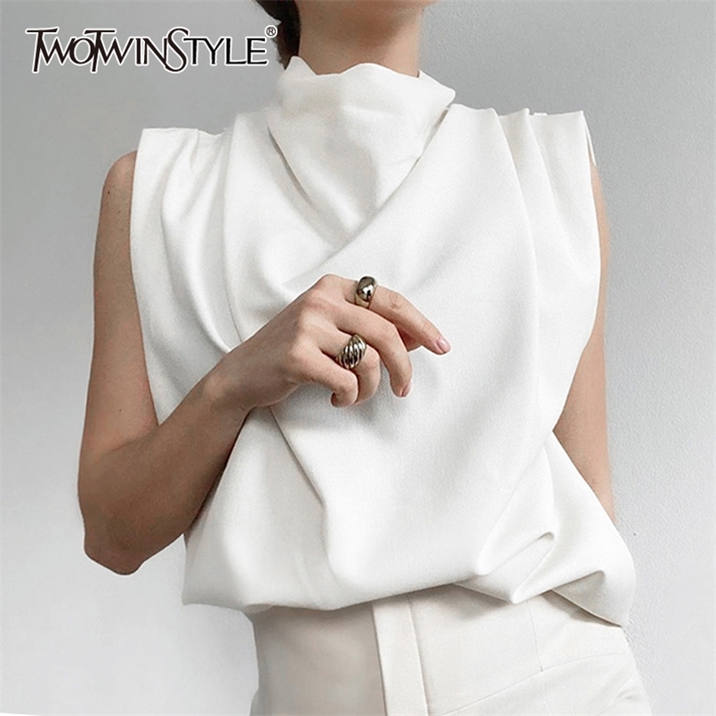 

TWOTYLE Csaual Women T Shirt Turtleneck Sleevelss Ruched Loose Minimalist T-shirt For Female Fashion Clothing Spring 210708, White