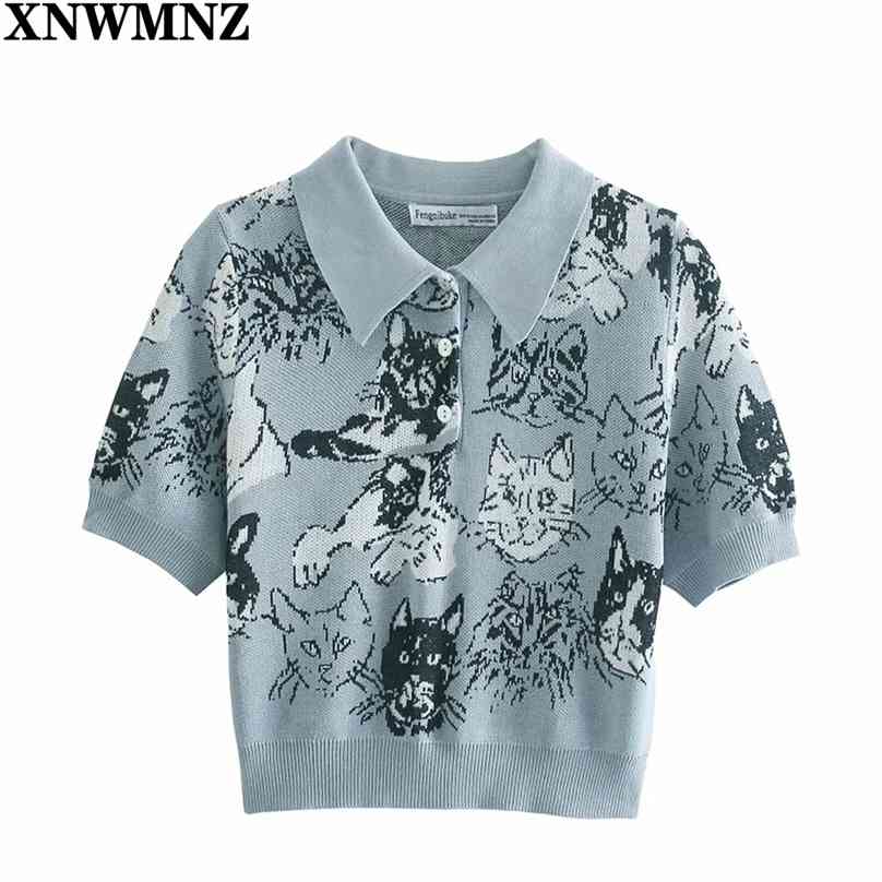 

Women Fashion Cartoon Cat Knitted T-shirt Sweater Ladies Casual Short Sleeve Slim Crop Tops woman Pullovers top 210520, Sky blue