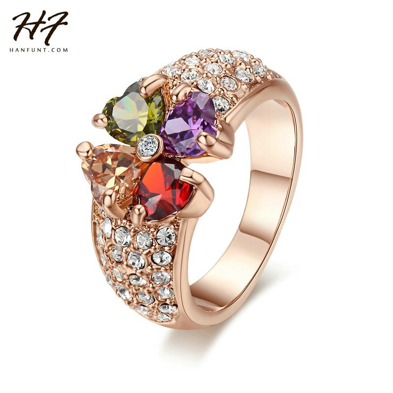 

Cluster Rings Top Quality R209 Luxury Multicolor Crystal Flower Ring Rose Gold Color Austrian Crystals Full Sizes Sale, Golden;silver