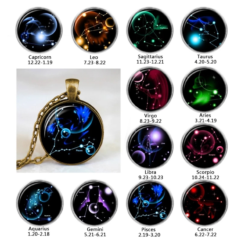

12 Constellation Pendant Necklace Galaxy Constellation Women And Men Glass Convex Jewelry