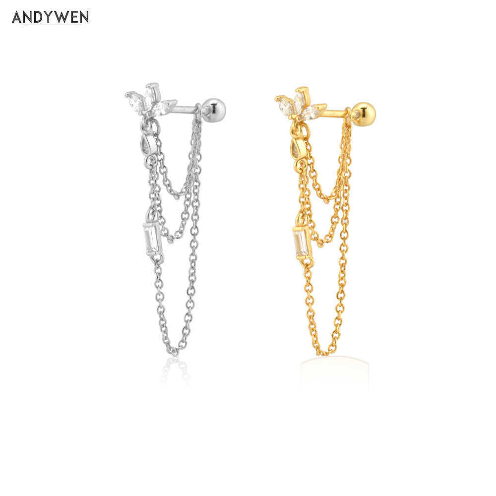 

ANDYWEN 925 Sterling Silver Gold Three Ovals Chain Beads Ear Pin Drop Earring Women Party Luxury Jewelry Piercing Pendiente 210608
