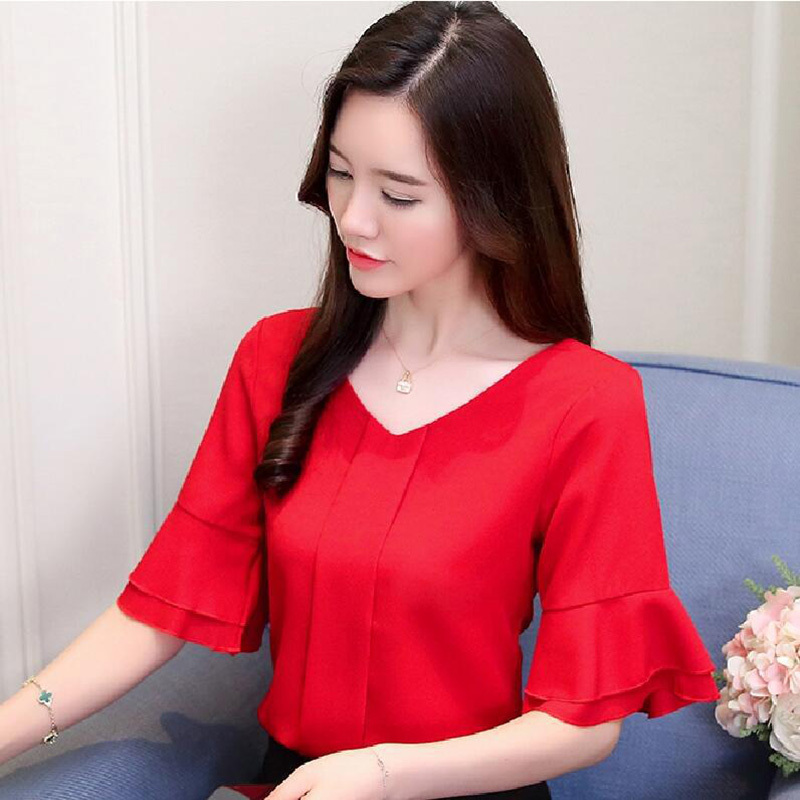 

Womens Tops And Blouses Summer Flare Sleeve Chiffon Blouse Shirt Women Tops Ladies Work Wear Office Blusa Feminina Shirts 210518, Red