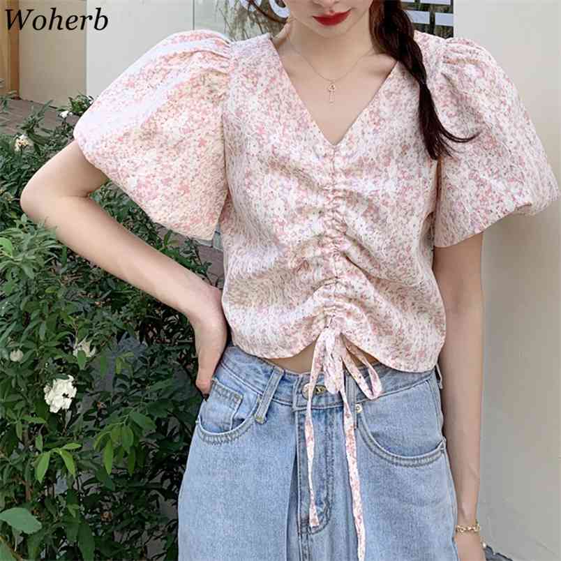 

Floral Printed V-neck Korean Blouses Tops Women Puff Sleeve Elegant Fashion Shirts Fresh Chic Vintage Ladies Blusa 210519, Sky blue