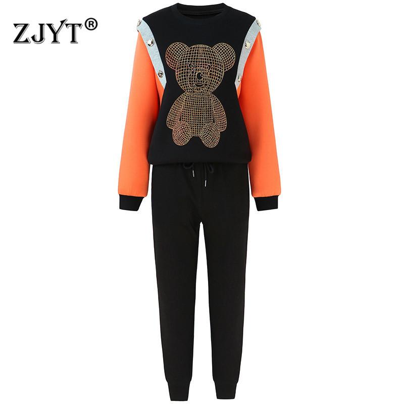 

Women's Two Piece Pants High Street Fashion Autumn Winter Trousers Suit Long Sleeve Diamond Cartoon Hoodie Sweatshirt Set Tracksuit Casual, White