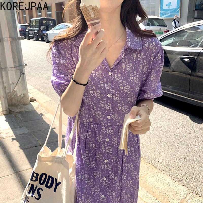 

Korejpaa Women Dress Summer Korean Chic Gentle Retro Lapel Small Floral Single-Breasted Loose Versatile Puff Sleeve Vestido 210526, Purple