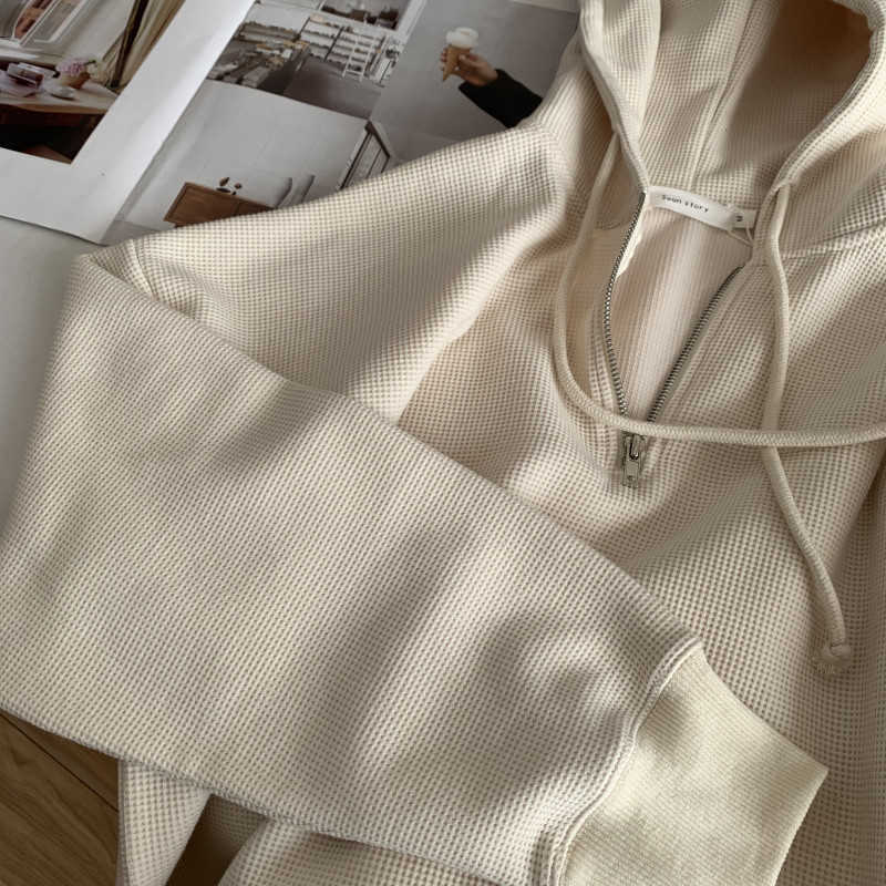 

Mupin / xiannen waffle women' new spring 2021 Korean loose and thin half placket zipper top, Pink