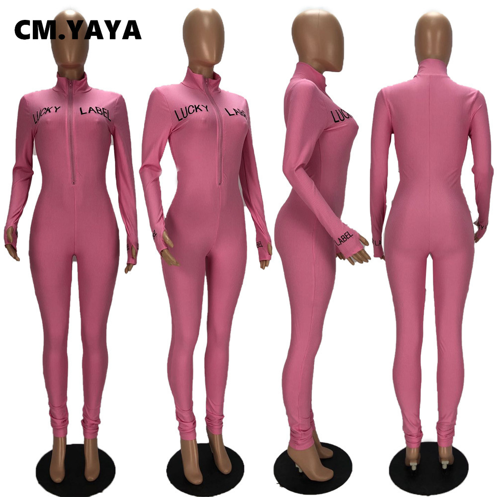 

2011cmyaya autumn knitted lucky label embroidery long sleeve zipper jumpsuit women active ribbed moto biker romper one piece overall, Black;white