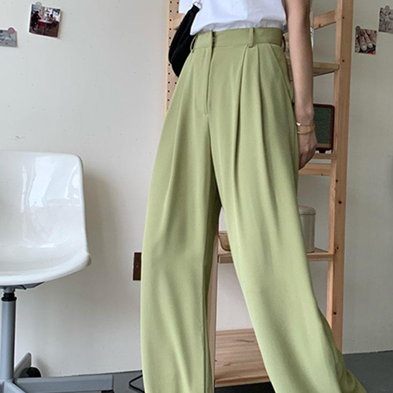

korean style chic casual womens pants wide leg green beige black office trousers streetwear loose high waist, Black;white