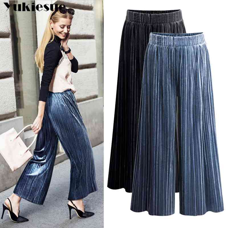 

Pleated velvet wide leg pants for women loose elastic high waist straight female trousers Plus size pantalon femme mujer 210518, Blue