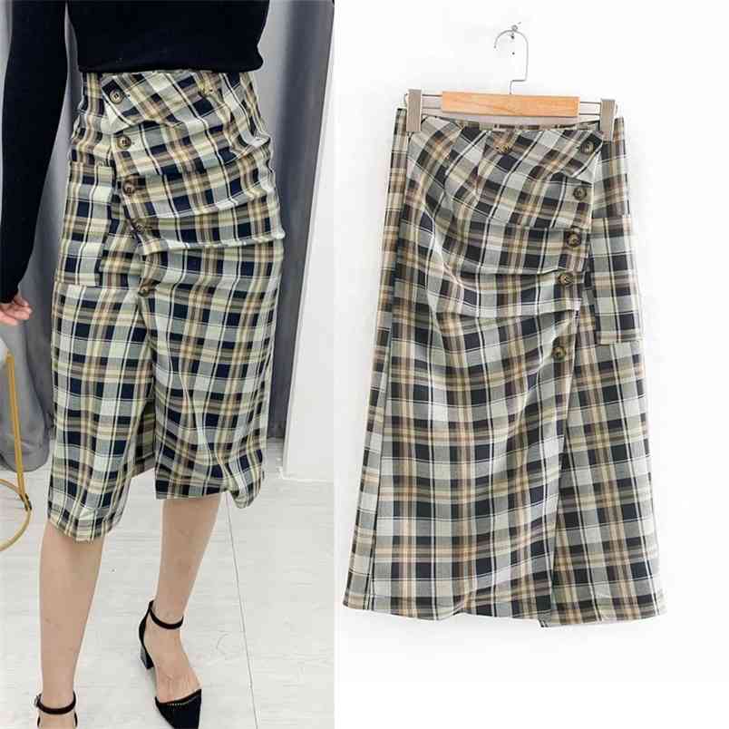 

Vintage Plaid Long Skirts Womens Ruched Wrap High Waist Midi Skirt Woman Fashion Button Office Ladies 210519