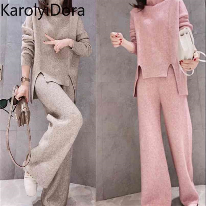 

Women' suit Winter Women Sets Loose Sweater Long Sleeve Cardigan And Full Length Pants Elastic Waist Trousers Female 210520, Khaki