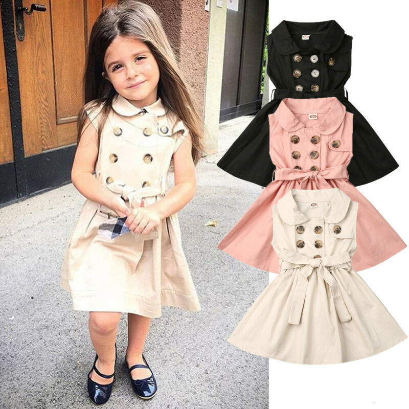 

Girl's Toddler Baby Kid Girl Sleeveless Button Bandage Retro Flared Party Dresses Dress C0223, Pink