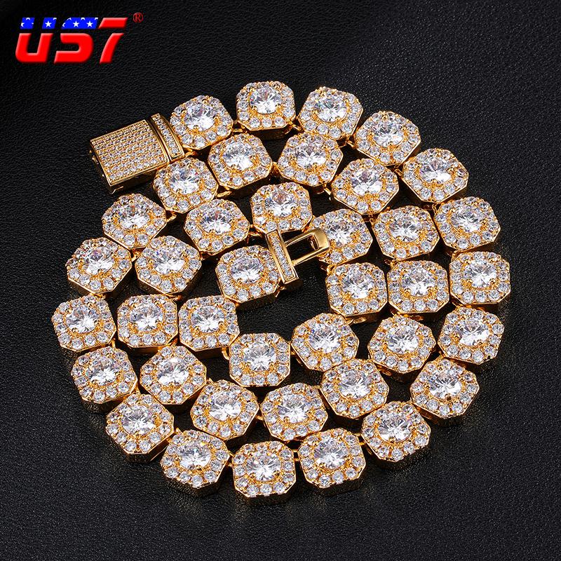 

Chokers US7 11MM Clustered Diamond Tennis Chain In White Gold CZ Stone Cubic Zircon Box Clasp Necklaces For Men Jewelry