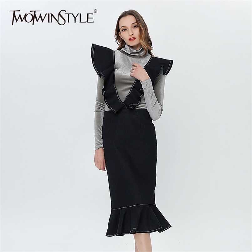 

Mermaid Denim Skirts Women High Waist Ruffles Bodycon Midi Strap Skirt Female Fashion Spring Clothing 210521, Black