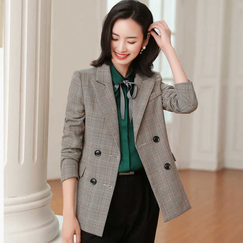 

High Quality Business Women Suit Female Jacket Autumn and Winter Double-breasted Plaid Ladies Blazer Office Tops 210527