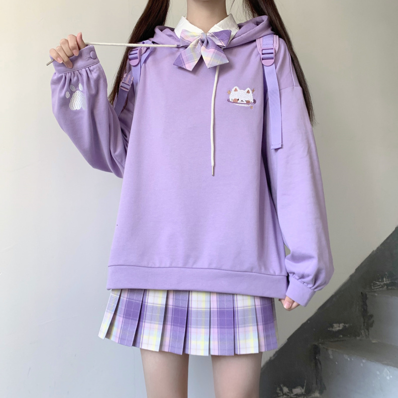 

Kawaii Bunny Ear Hoodies Womens Pink Oversize Vintage Sweatshirt Embroidery Bear Cat Soft Girls Aesthetic Clothes Yellow Purple