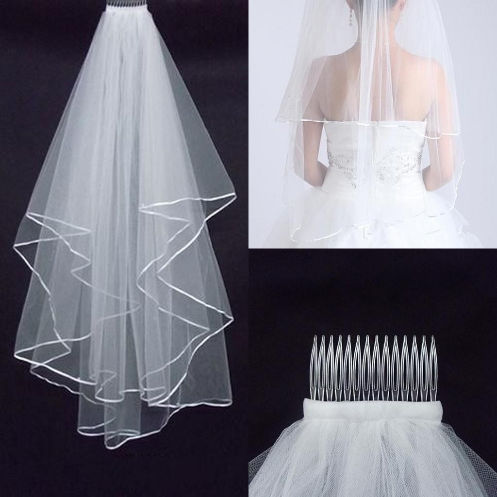 

2021 Cheap Two Layers Wedding Veils with Tomb White Ivory Satin Edge Satin Edge Two Layer Wedding Accessory Bridal Veils