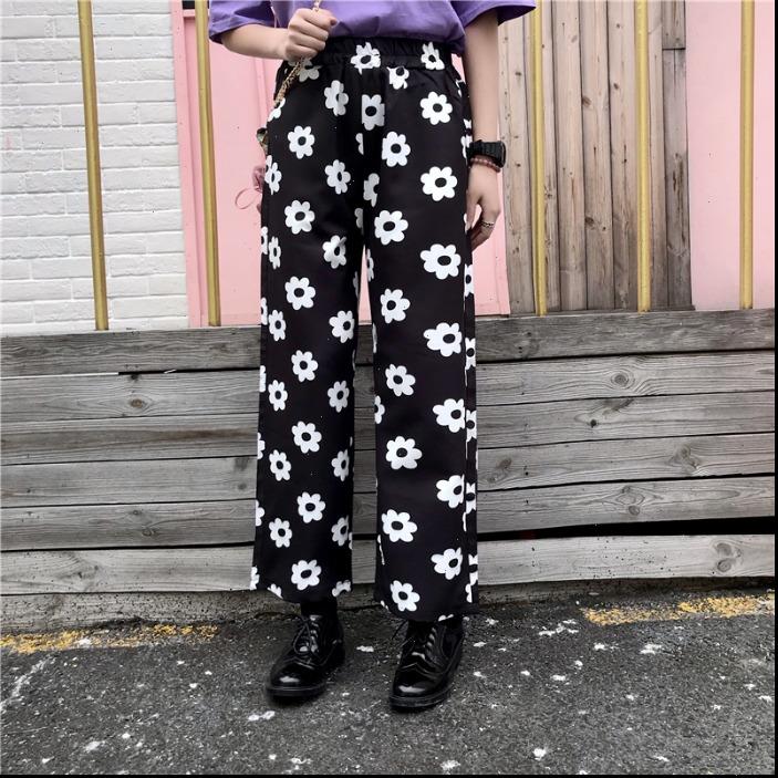 

korean women womens pant drawstring high waist lolita flower daisy cute print straight summer kawaii fashion trouser harajuku wide, Black;white